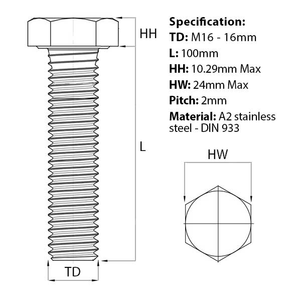 Size guide for M16 x 100mm Hex Set Screw (Fully Threaded Bolt) A2 Stainless Steel DIN 933 