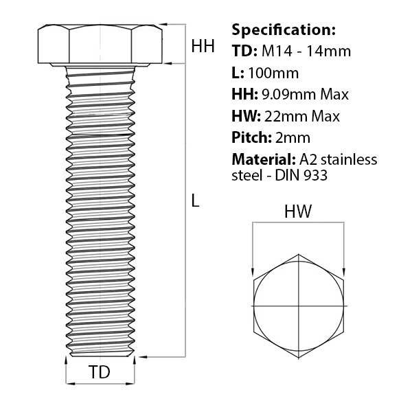Size guide for M14 x 100mm Hex Set Screw (Fully Threaded Bolt) A2 Stainless Steel DIN 933 