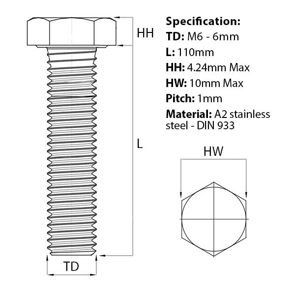 Size guide for M6 x 110mm Hex Set Screw (Fully Threaded Bolt) A2 Stainless Steel DIN 933 