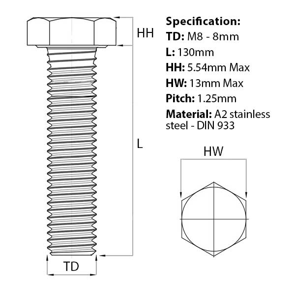 Size guide for M8 x 130mm Hex Set Screw (Fully Threaded Bolt) A2 Stainless Steel DIN 933 
