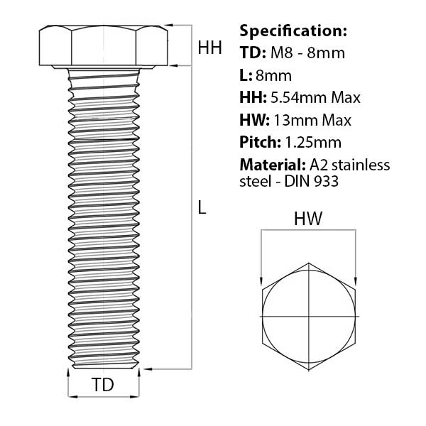 Screw guide for M8 x 8mm Hex Set Screw (Fully Threaded Bolt) A2 Stainless Steel DIN 933 