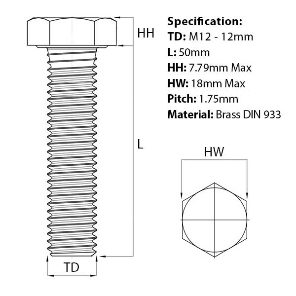 Size guide for the M12 x 50mm Brass Hex Set Screw (Fully Threaded Bolt) DIN 933