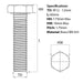 Size guide for the M12 x 60mm Brass Hex Set Screw (Fully Threaded Bolt) DIN 933