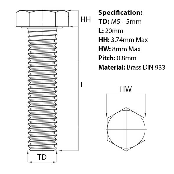 Size guide for the M5 x 20mm Brass Hex Set Screw (Fully Threaded Bolt) DIN 933