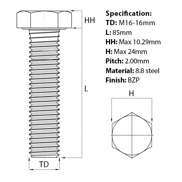 M16 x 85mm Hex Set Screw (Fully Threaded Bolt) 8.8 high tensile steel,