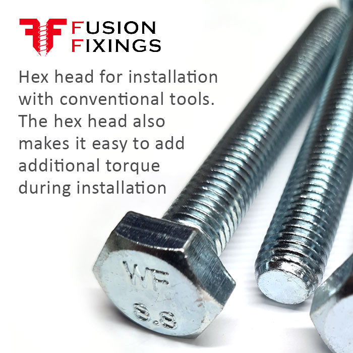 Hex head information diagram for the M4 x 12mm Set Screw (Fully Threaded Bolt) BZP DIN 933. Highlights the hex head which allows installtion with conventional tools.