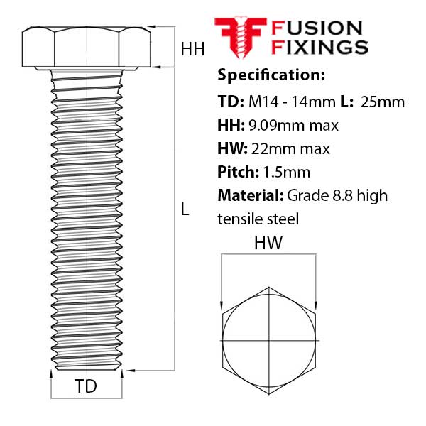 Size guide for the M14 x 25mm Hex Set Screw, Metric Fine Thread (Fully Threaded Bolt) Self-colour, DIN 961