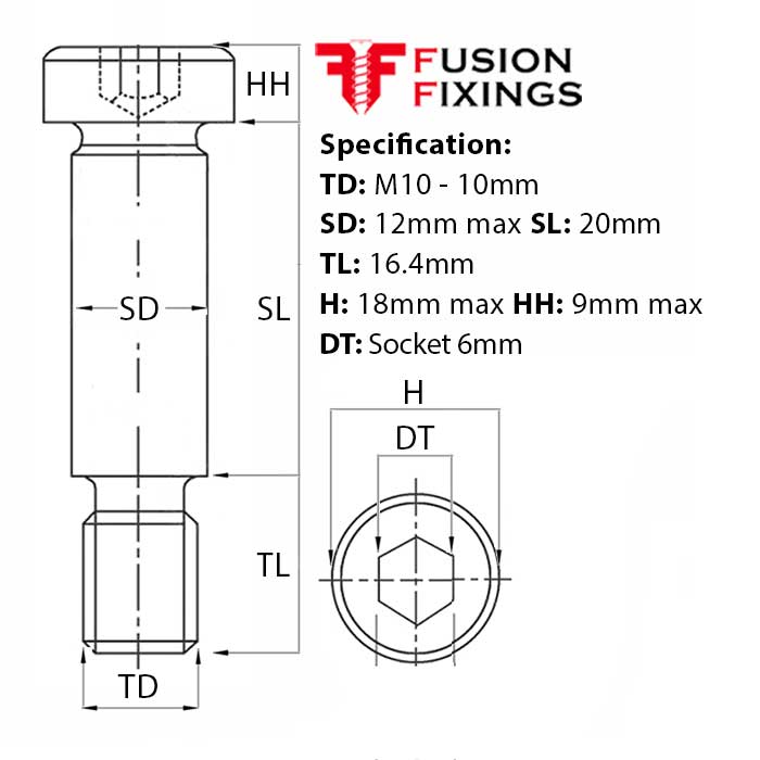 Info panel for M10 (12mm) x 20mm Socket Cap Shoulder Screws, Self-Colour, Grade 12.9, ISO 7379