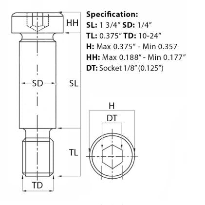Size guide for the 10-24 UNC (1/4”) x 1 3/4”, Socket Shoulder Screw, Self-Colour, Grade 12.9, ANSI B18.3. Part of a larger range of shouldered screws from Fusion Fixings