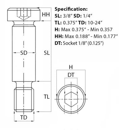 Size guide for the 10-24 UNC (1/4”) x 3/8”, Socket Shoulder Screw, Self-Colour, Grade 12.9, ANSI B18.3