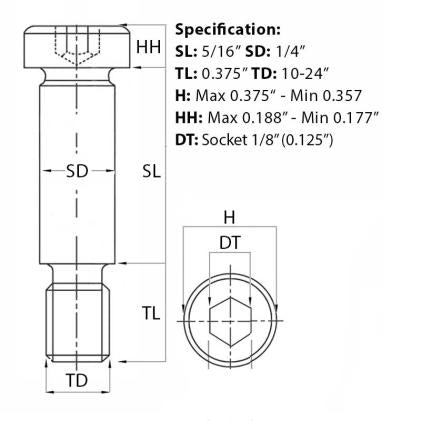 Size diagram for the 10-24 UNC (1/4”) x 5/16”, Socket Shoulder Screw, Self-Colour, Grade 12.9, ANSI B18.3