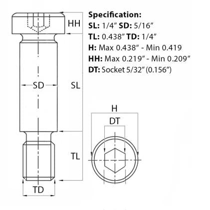 Size guide for the 1/4” UNC (5/16”) x 1/4”, Socket Shoulder Screw, Self-Colour, Grade 12.9, ANSI B18.3. Part of a larger range of shouldered screws from Fusion Fixings