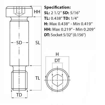 Size guide for the 1/4” UNC (5/16”) x 2 1/2”, Socket Shoulder Screw, Self-Colour, Grade 12.9, ANSI B18.3. Part of a growing range of shoulder screws from Fusion Fixings