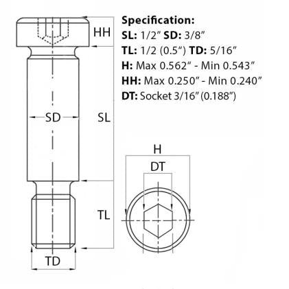 5/16” UNC (3/8”) x 1/2”, Socket Shoulder Screw, Self-Colour, Grade 12.9, ANSI B18.3. Size guide from Fusion Fixings.