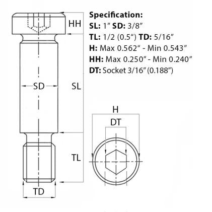 Size guide illustration for the 5/16” UNC (3/8”) x 1”, Socket Shoulder Screw, Self-Colour, Grade 12.9, ANSI B18.3