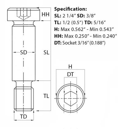 Size guide for the 5/16” UNC (3/8”) x 2 1/4”, Socket Shoulder Screw, Self-Colour, Grade 12.9, ANSI B18.3
