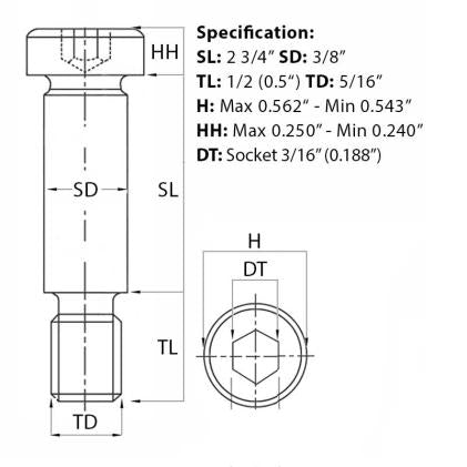 Size guide for the 5/16” UNC (3/8”) x 2 3/4”, Socket Shoulder Screw, Self-Colour, Grade 12.9, ANSI B18.3