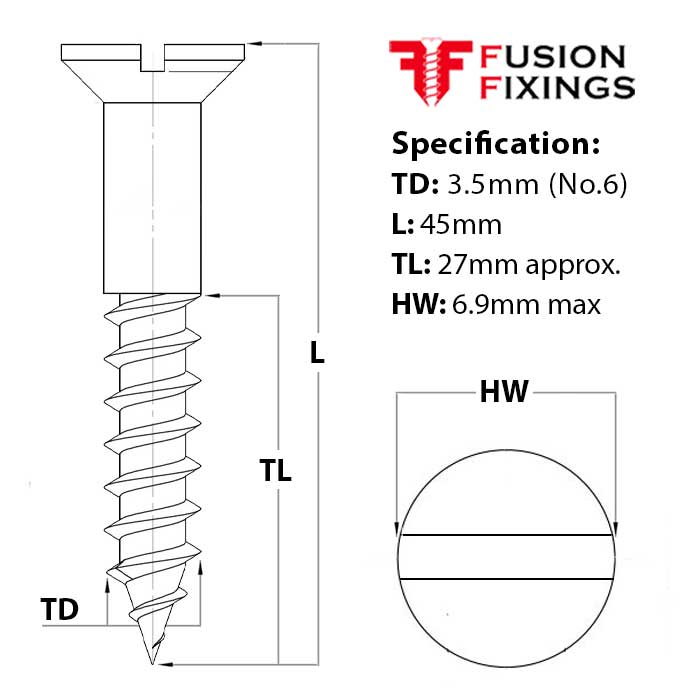 Size guide for the 3.5mm (No.6) x 45mm Slotted Raised Countersunk Wood Screw, A2 Stainless Steel, DIN 95