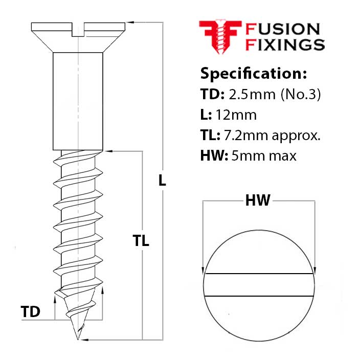 Size guide for 2.5mm (No.3) x 12mm Slotted Countersunk Wood Screw, A2 Stainless Steel, DIN 97
