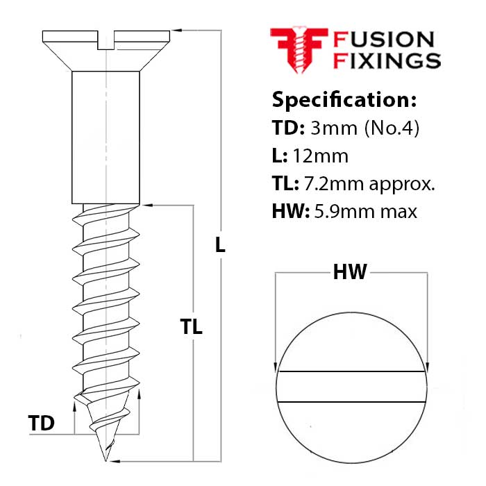 Size guide for the 3mm (No.4) x 12mm Slotted Countersunk Wood Screw, A2 Stainless Steel, DIN 97