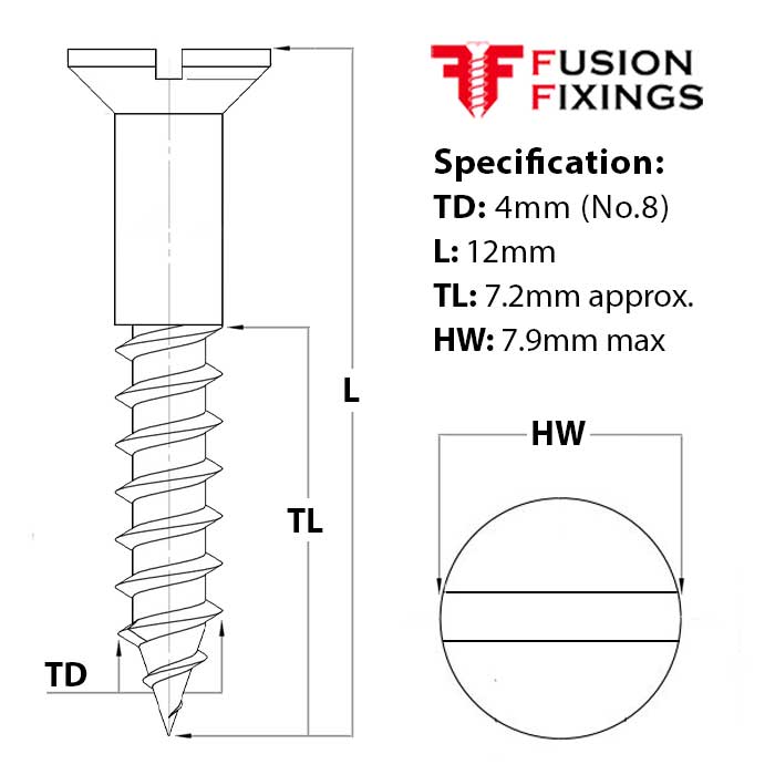 Size guide for the 4mm (No.8) x 12mm Slotted Countersunk Wood Screw, A2 Stainless Steel, DIN 97
