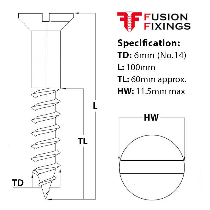 Size guide for the 6mm (No.14) x 100mm Slotted Countersunk Wood Screw, A2 Stainless Steel, DIN 97