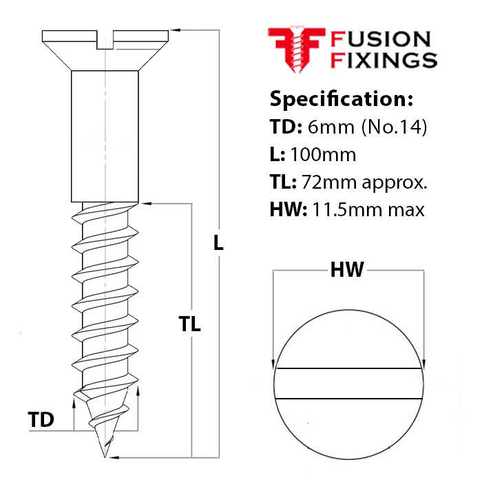 Size guide for the 6mm (No.14) x 110mm Slotted Countersunk Wood Screw, A2 Stainless Steel, DIN 97