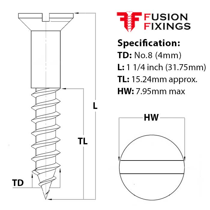 Size guide for No.8 (4mm) x 1 1/4 inch (31.75mm) Slot Raised Countersunk Brass Woodscrew