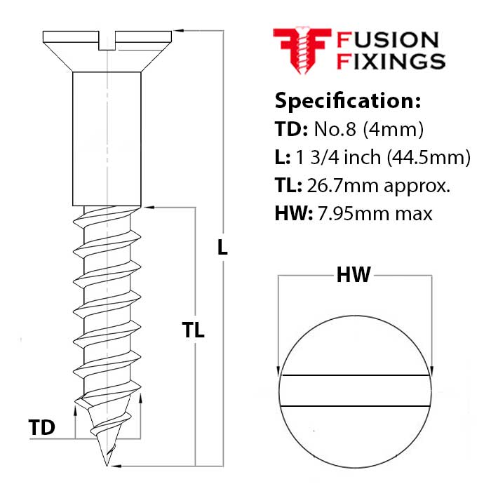 Size guide for No.8 (4mm) x 1 3/4 inch (44.5mm) Slotted Countersunk Brass Woodscrew