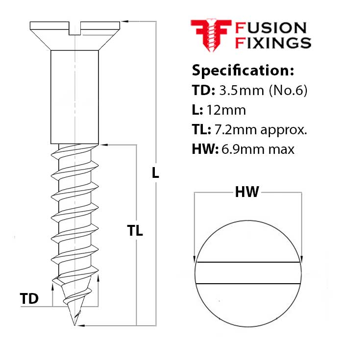 Size guide for 3.5mm (No.6) x 12mm Slotted Countersunk Wood Screw, A2 Stainless Steel, DIN 97