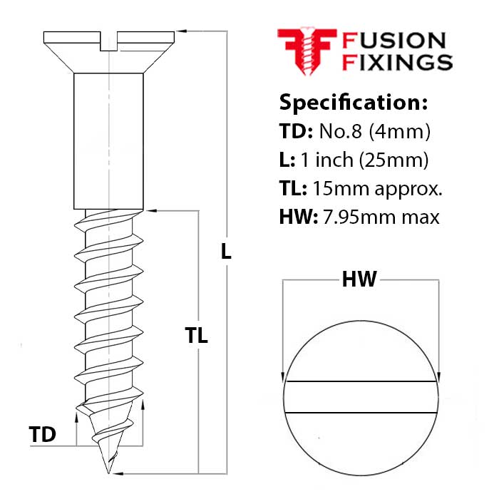 Size guide for No.8 (4mm) x 1 inch (25mm) Slotted Countersunk Brass Woodscrew