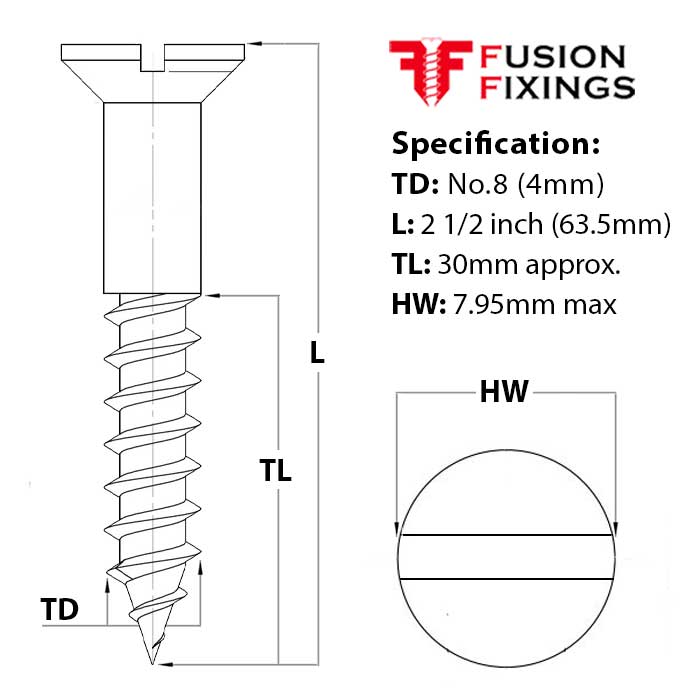 Size guide for No.8 (4mm) x 2 1/2 inch (63.5mm) Slotted Countersunk Brass Woodscrew