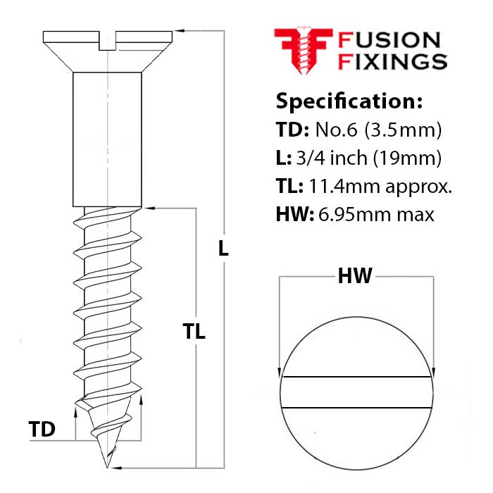 Size guide for No.6 (3.5mm) x 3/4 inch (19mm) Slotted Countersunk Brass Woodscrew