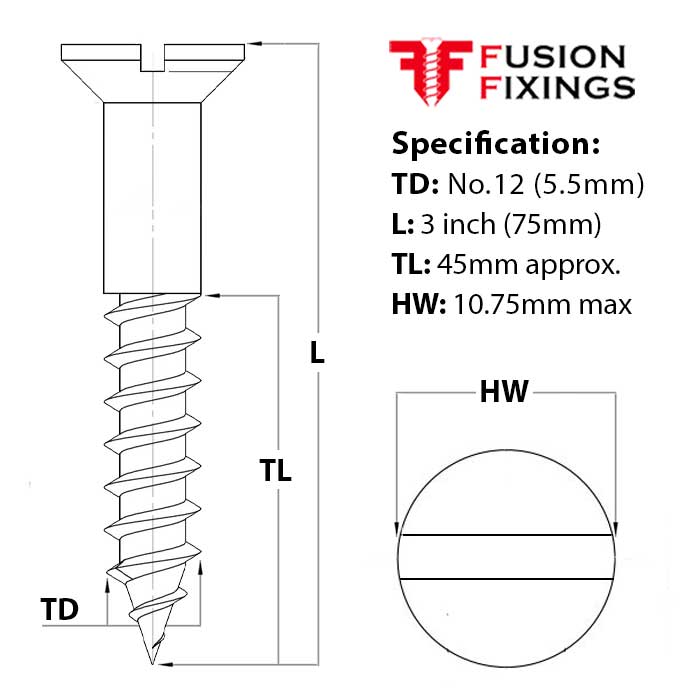 Size guide for No.12 (5.5mm) x 3 inch (75mm) Slotted Countersunk Brass Woodscrew