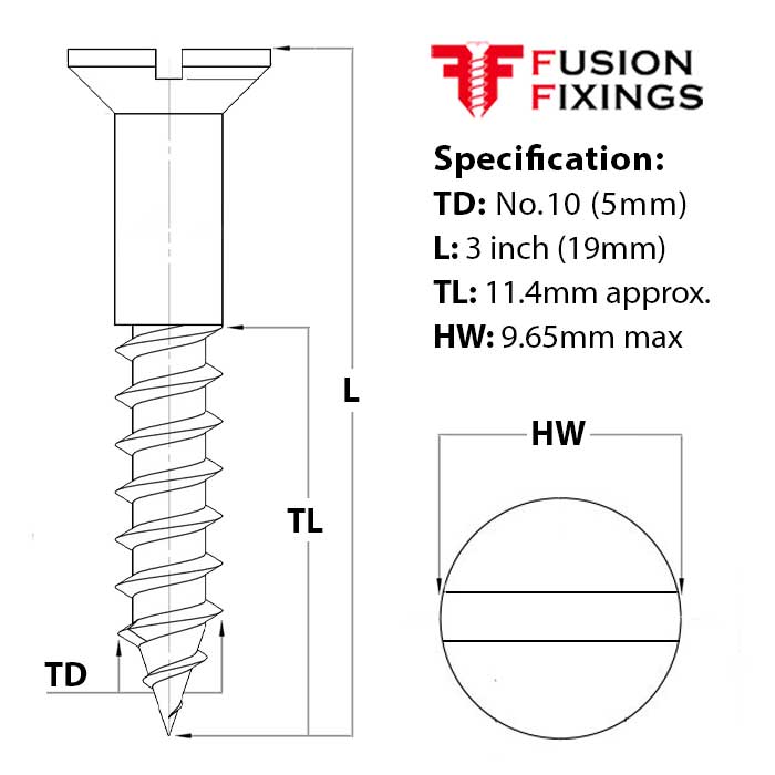 Size guide for No.10 (5mm) x 3 inch (19mm) Slotted Countersunk Brass Woodscrew