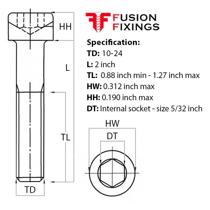 Size guide for the 10-24 UNC x 2 Inch Socket Cap Head Screw, Self Colour Grade 12.9 Steel (ASME B18.3)