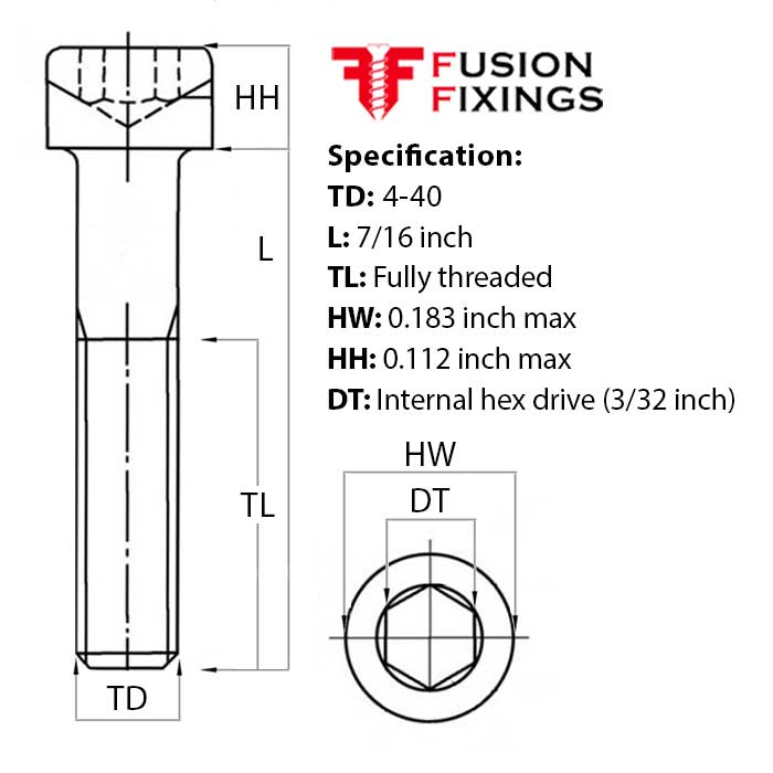 Size guide for the 4-40 UNC x 7/16 Inch Socket Cap Head Screw, Self Colour Grade 12.9 Steel (ASME B18.3)