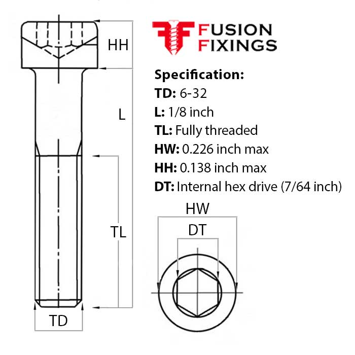 Size guide for the 6-32 UNC x 1/8 Inch Socket Cap Head Screw, Self Colour Grade 12.9 Steel (ASME B18.3)