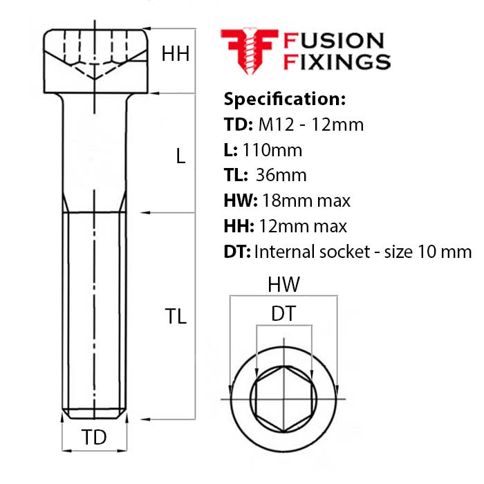 Size guide for the M12 x 110mm Socket Cap Head Screw, BZP Grade 12.9 DIN 912