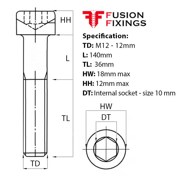 M12 x 140mm Socket Cap Head Screw, BZP Grade 12.9 DIN 912