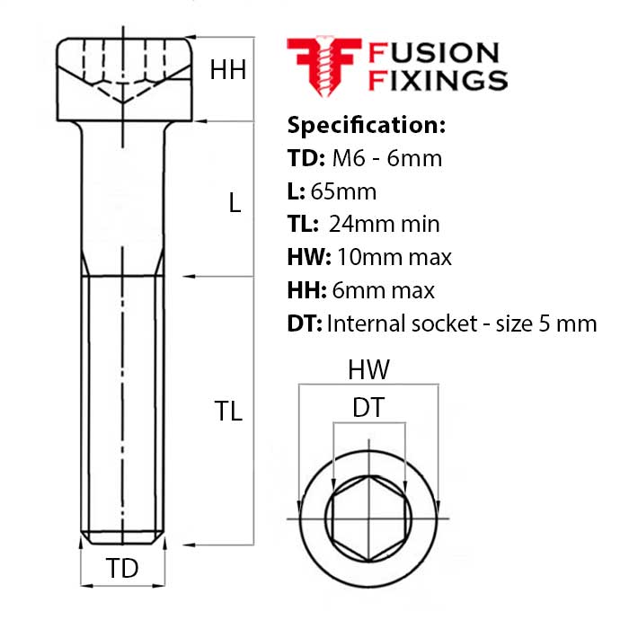 Size guide for the M6 x 65mm Socket Cap Head Screw BZP DIN 912 Grade 12.9