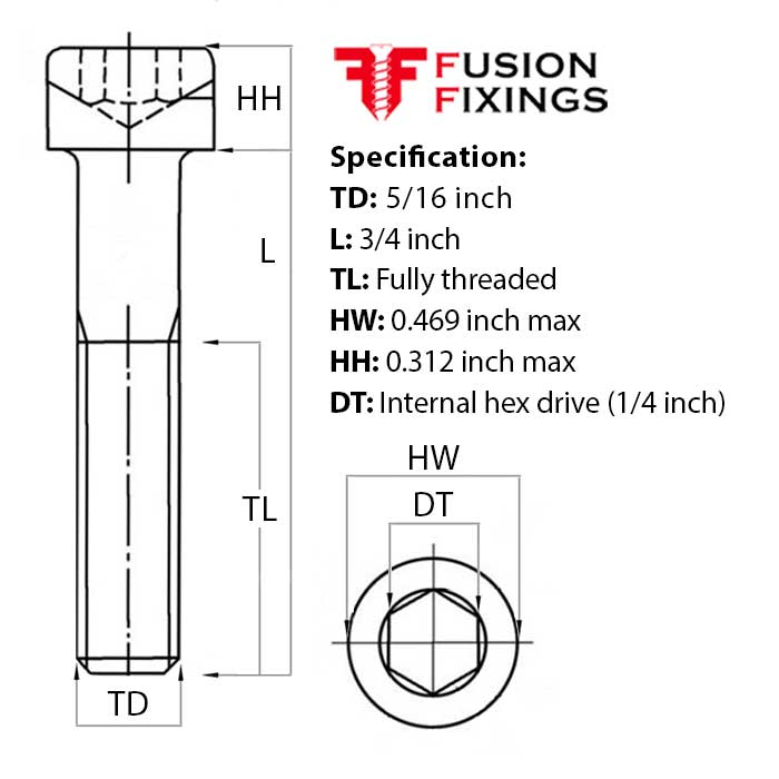 Size guide for the 5/16 UNC x 3/4 Inch Socket Cap Head Screw, A2 Stainless Steel (ASME B18.3)