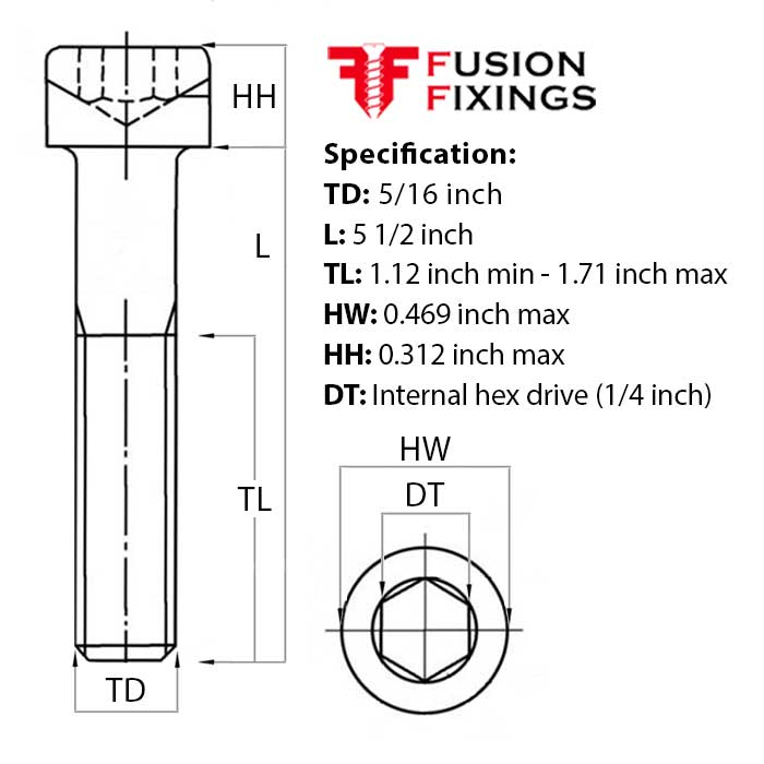 Size guide for the 5/16 UNC x 5 1/2 Inch Socket Cap Head Screw, A2 Stainless Steel (ASME B18.3)