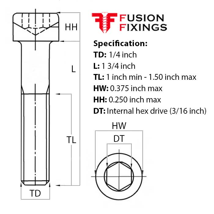 Size guide for the 1/4 UNC x 1 3/4 Inch Socket Cap Head Screw, Self Colour Grade 12.9 Steel (ASME B18.3)