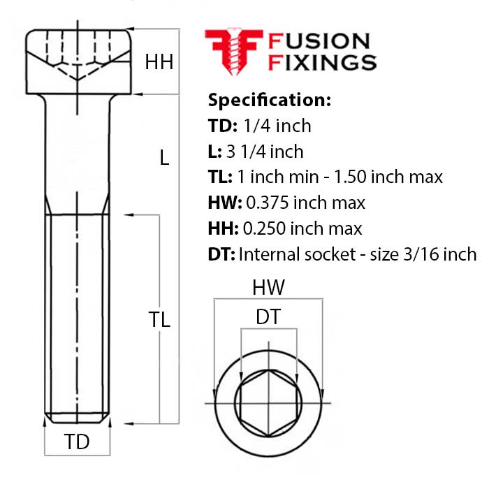 Size guide for the 1/4 (20) UNC x 3 1/4" Socket Cap Head Machine Screw Grade 12.9 Steel Self-Colour BS 24