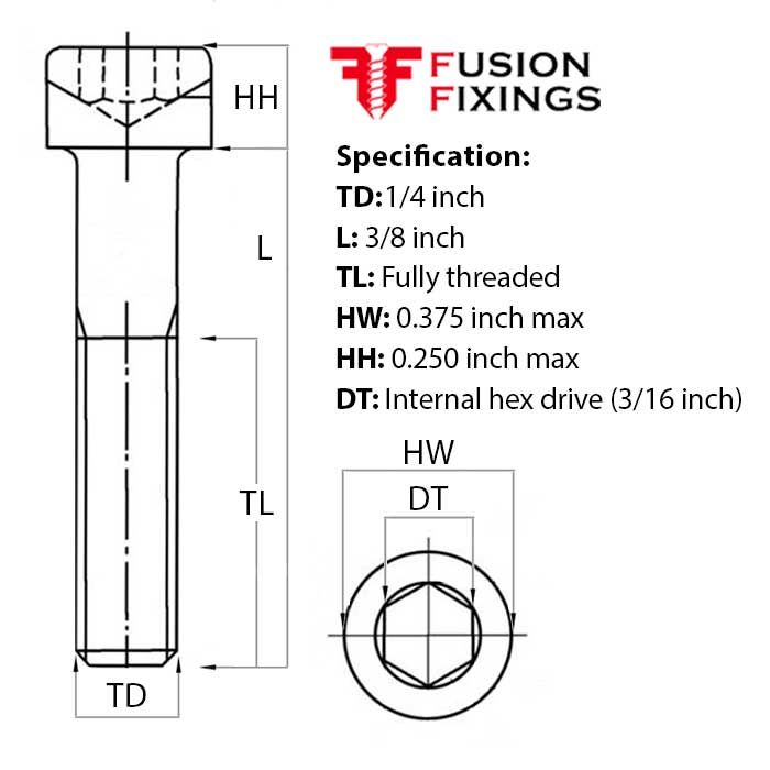 Size guide for the 1/4 UNC x 3/8 Inch Socket Cap Head Screw, Self Colour Grade 12.9 Steel (ASME B18.3)