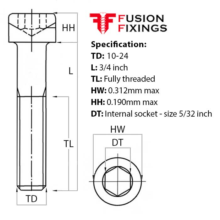 Size guide for the 10-24 UNC x 3/4 Inch Socket Cap Head Screw, A2 Stainless Steel (ASME B18.3)