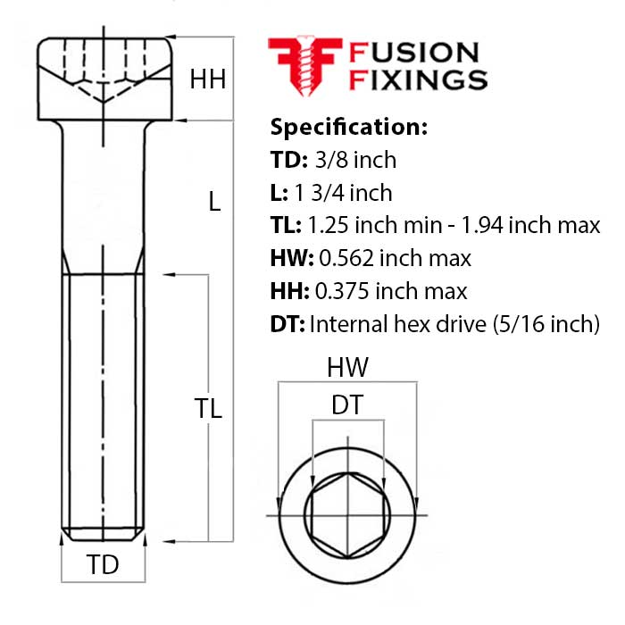 Size guide for the 3/8 UNC x 1 3/4 Inch Socket Cap Head Screw, Self Colour Grade 12.9 Steel (ASME B18.3)