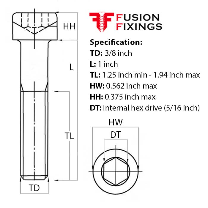 Size guide for the 3/8 UNC x 1 Inch Socket Cap Head Screw, Self Colour Grade 12.9 Steel (ASME B18.3)