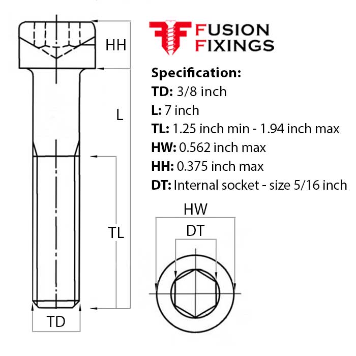 Size guide for the 3/8 (16) UNC x 7 Inch Socket Cap Head Screw, Self Colour Grade 12.9 Steel (ASME B18.3)